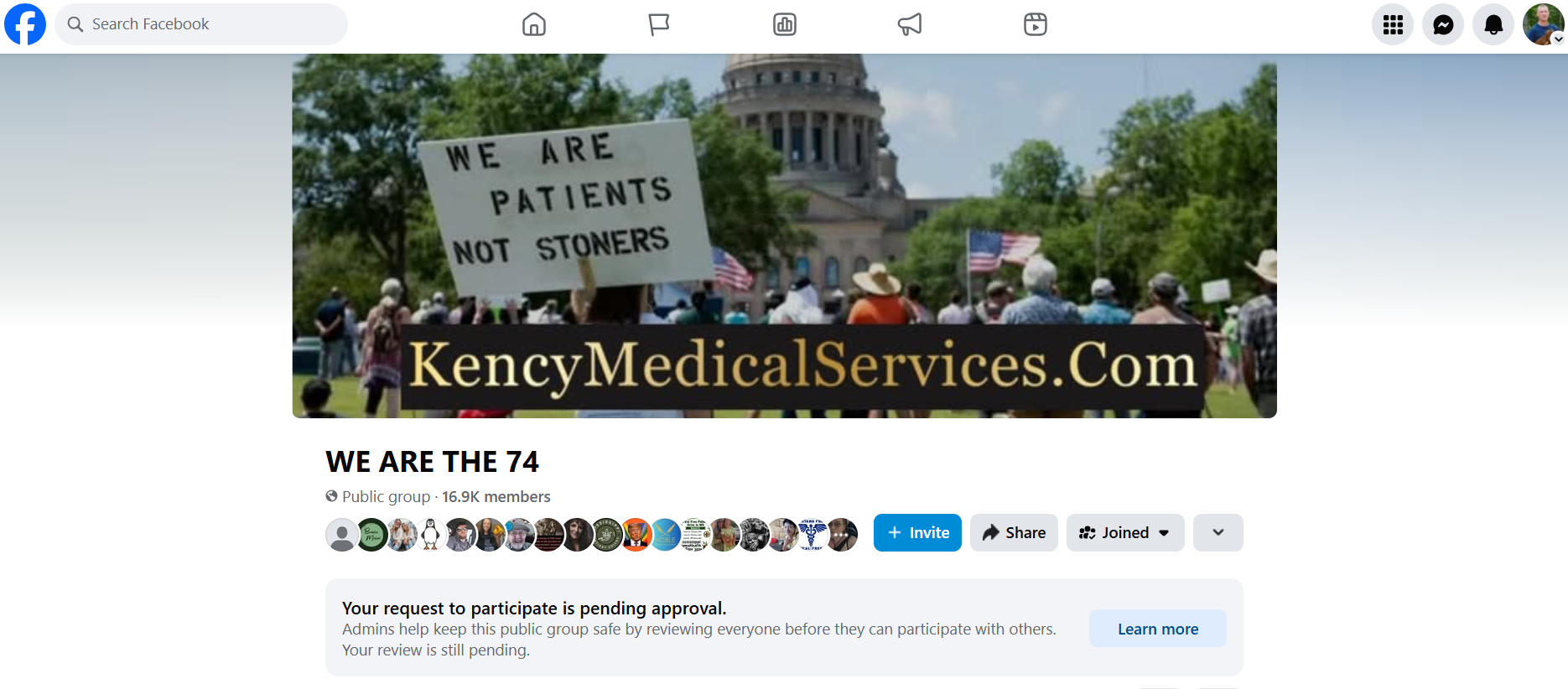 Facebook screen showing Jimmy Giles joined WE ARE THE 74 while his request to participate remained pending approval